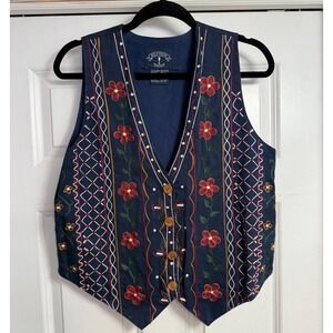 Boho Western Solutions Blue Floral Embroidered Button Front Vest Sz Small